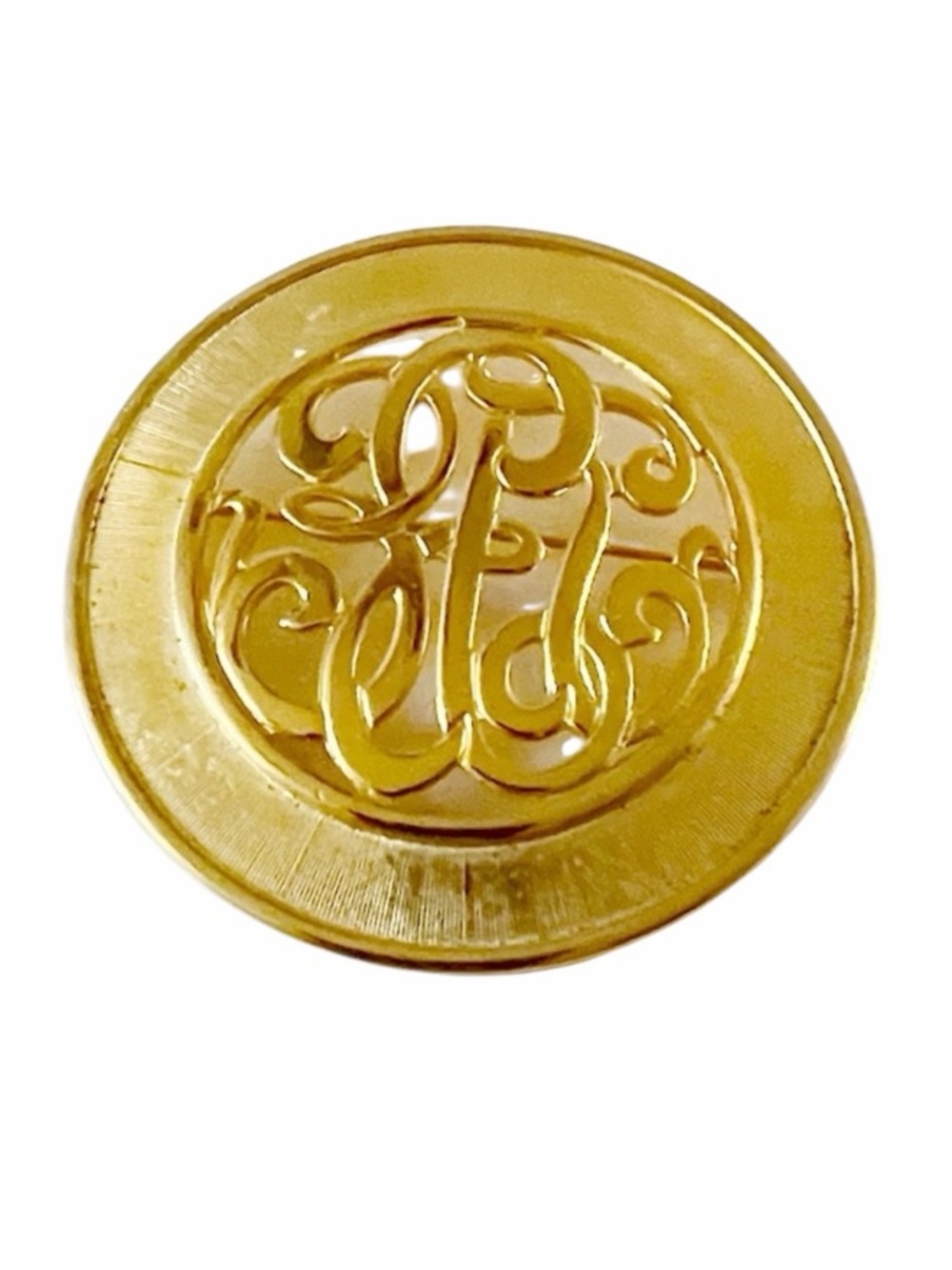 Vintage Monogram Gold Tone Open Work Large Round Pin Brooch